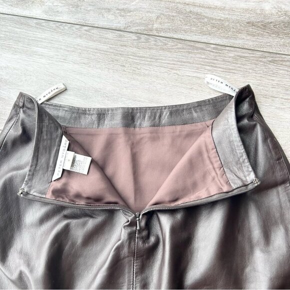Peter Nygard Brown Buttery Leather Laser Cutout Hem Midi Skirt - Picture 12 of 13